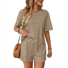 Women's Knitted Striped Fashion Casual Shorts Sports Suit - kinko
