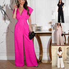 V-neck Solid Color Waist Tight Jumpsuit - kinko