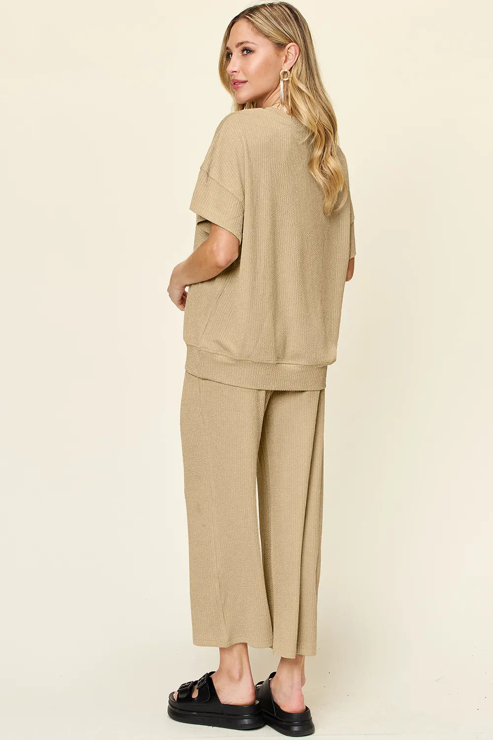 Double Take Full Size Texture Round Neck Short Sleeve T-Shirt and Wide Leg Pants - kinko