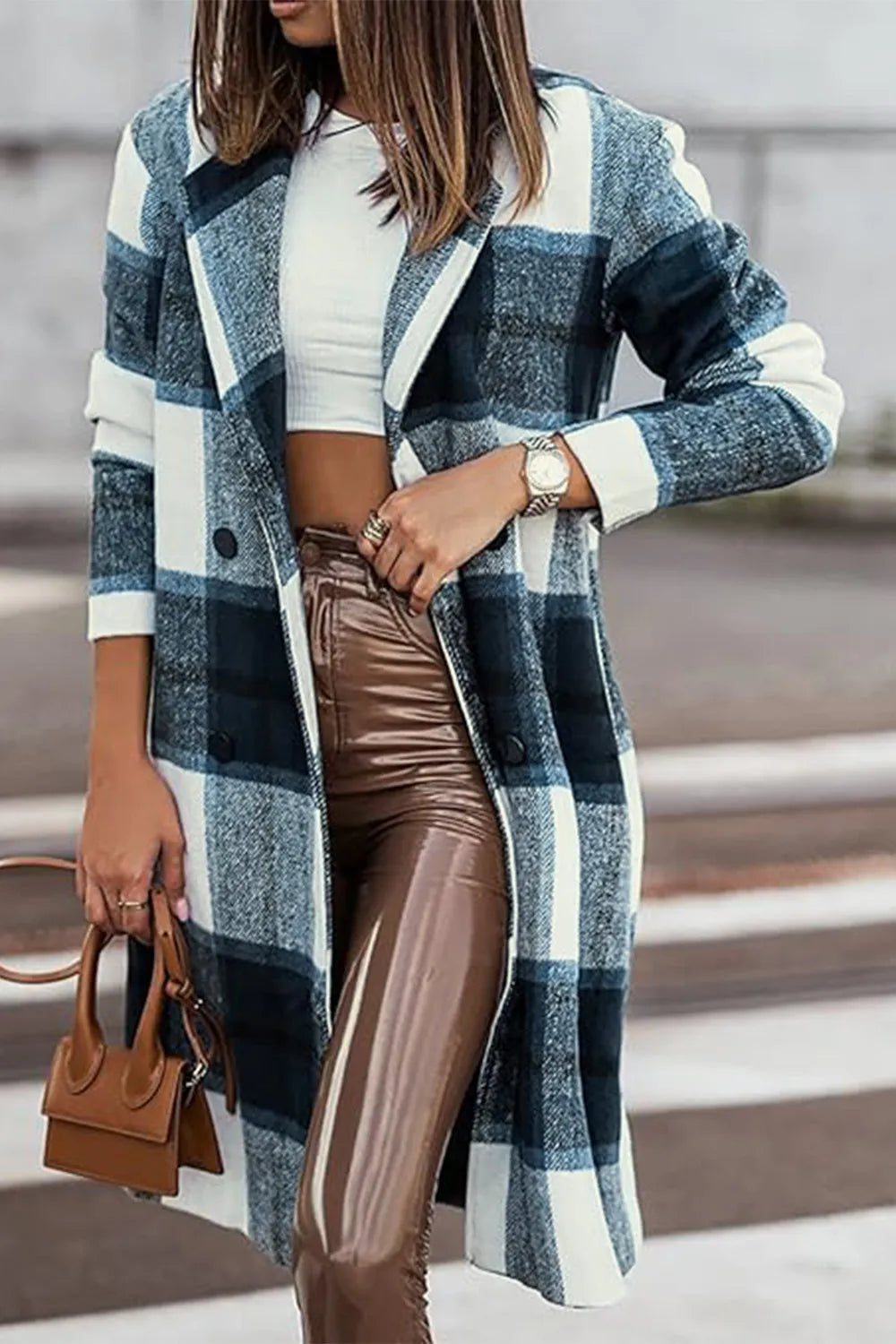 Double Take Full Size Plaid Button Up Lapel Collar Coat - kinko