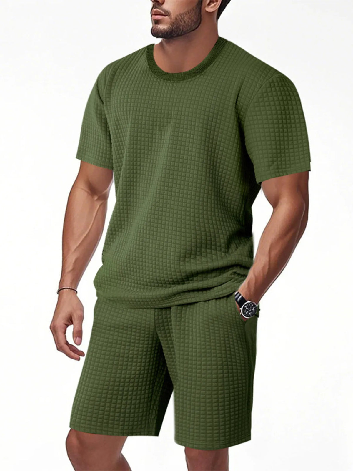 Men's Full Size Textured Round Neck Top and Shorts Set Plus SIze - kinko