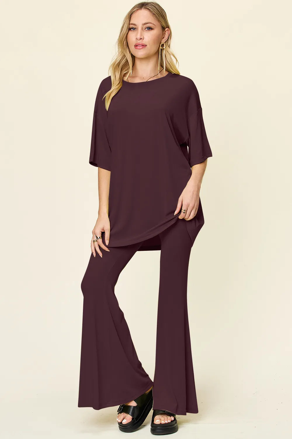 Double Take Full Size Round Neck Drop Shoulder T-Shirt and Flare Pants Set - kinko
