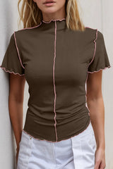 Basic Bae Contrast Trim Mock Neck Short Sleeve T-Shirt - kinko
