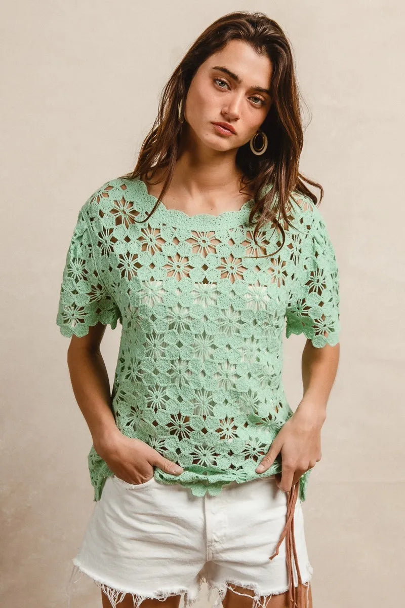 BiBi Openwork Crochet Short Sleeve Knit Top - kinko