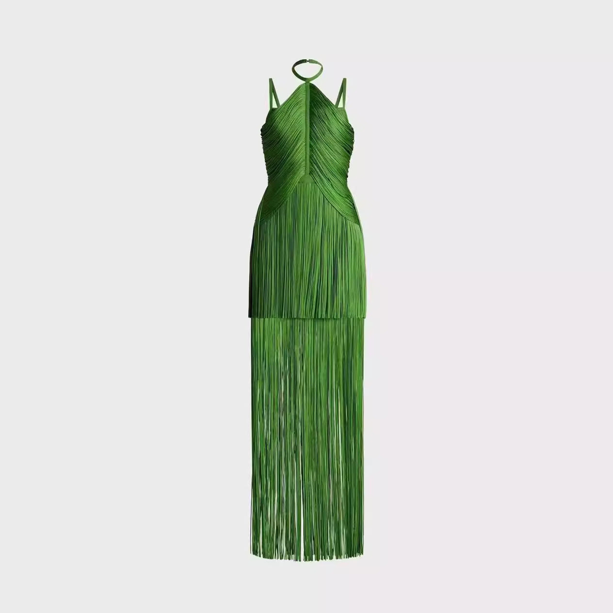 Green Halter Spaghetti Straps Tassel Dinner Ball Dress - kinko