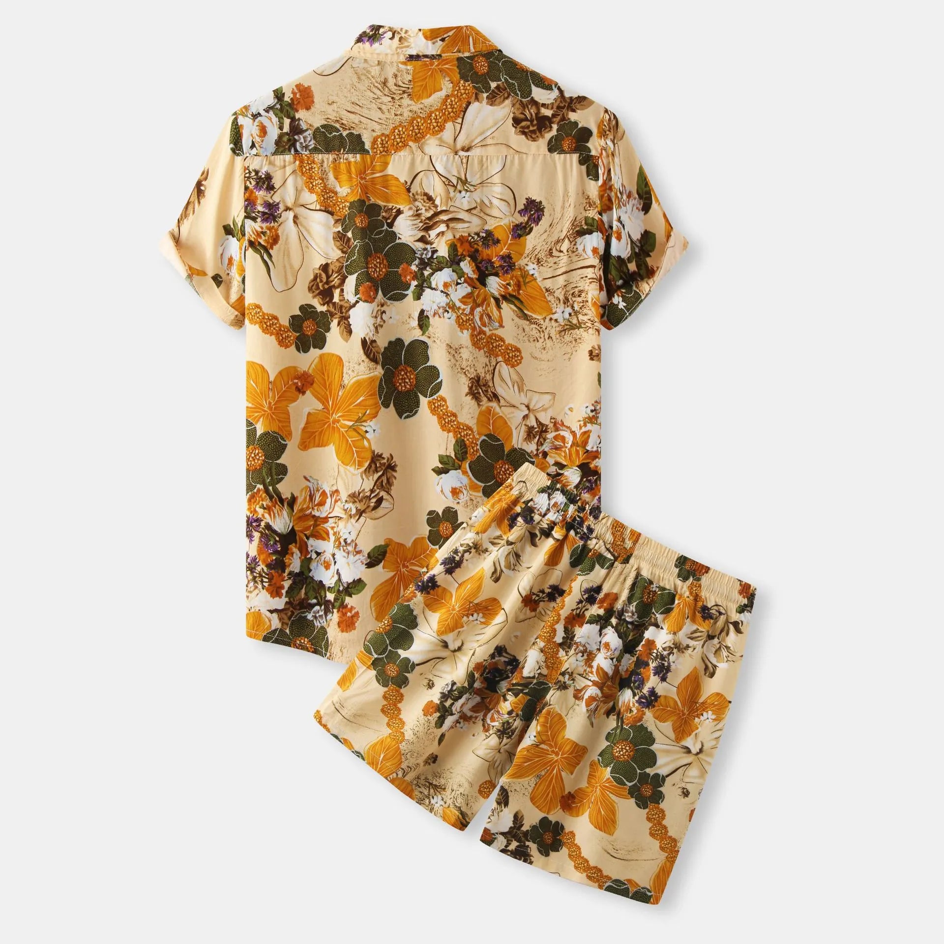 Men's Plus Size Printed Button Up Shirt and Shorts Set - kinko