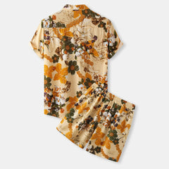 Men's Plus Size Printed Button Up Shirt and Shorts Set - kinko