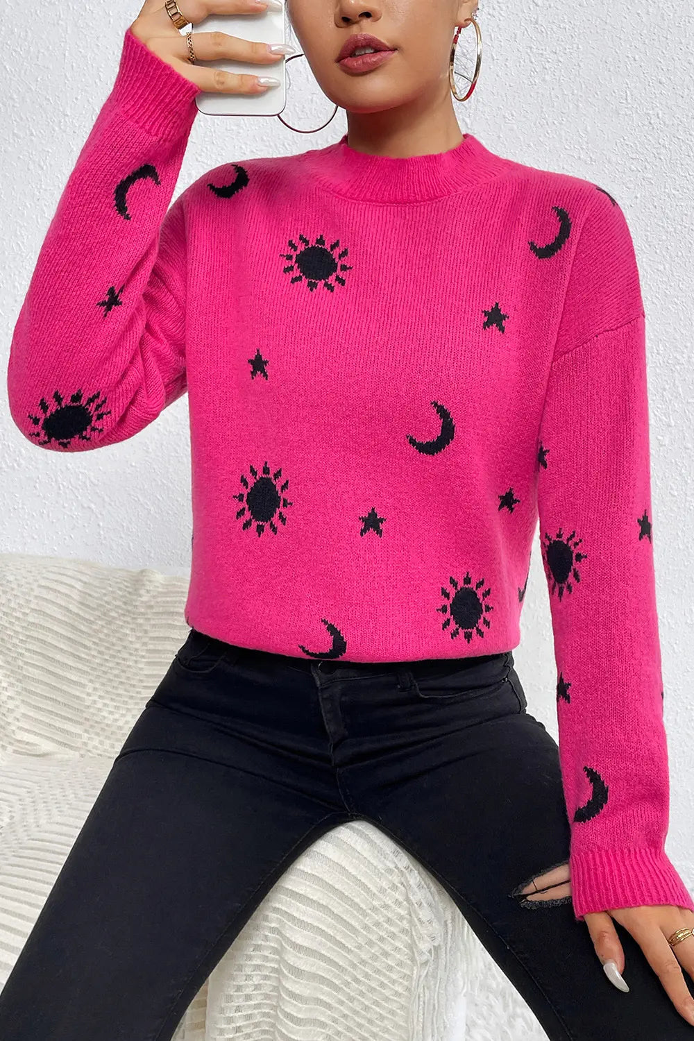 Graphic Mock Neck Dropped Shoulder Sweater - kinko