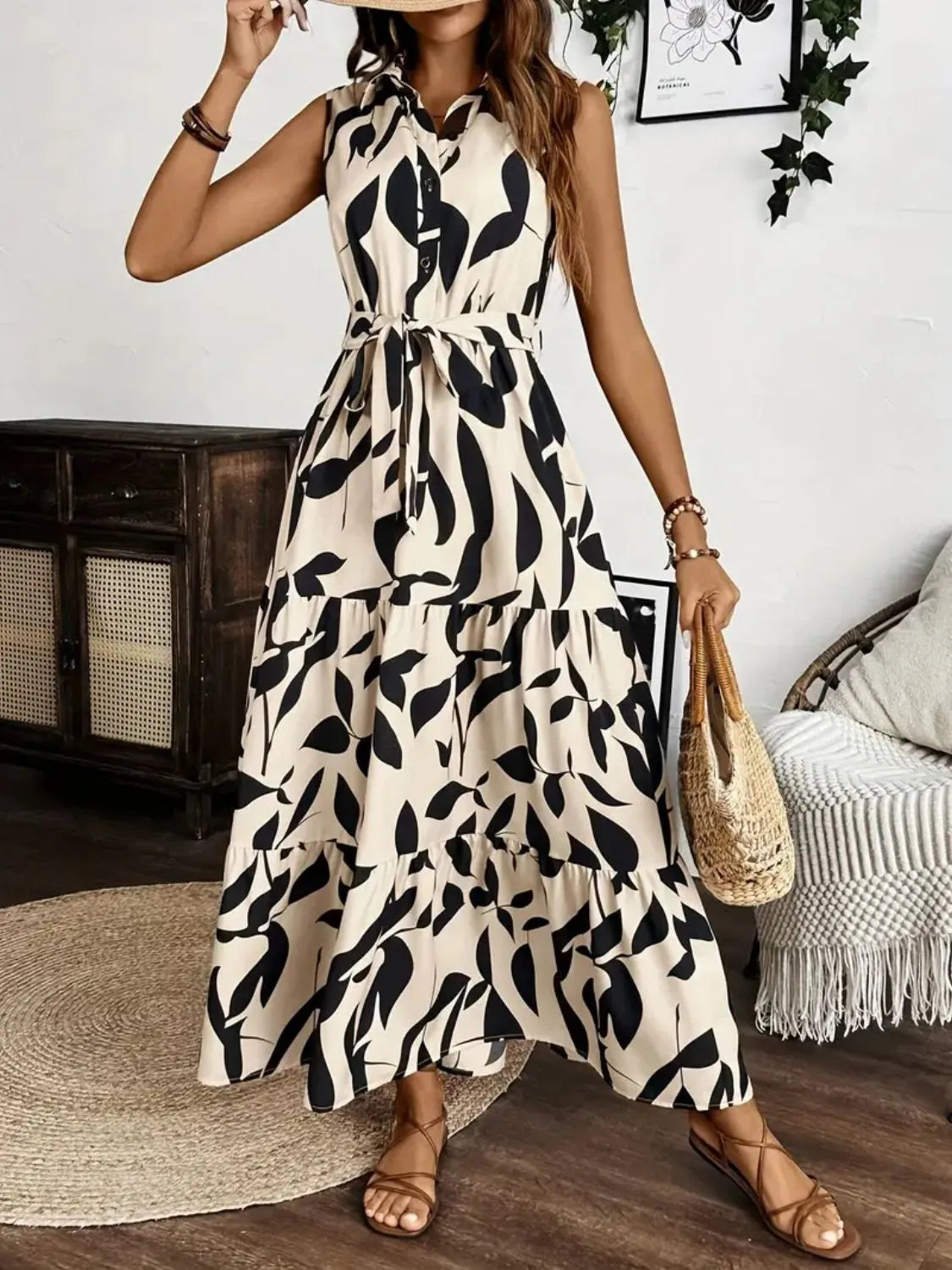 Printed Tie Waist Sleeveless Maxi Dress - kinko