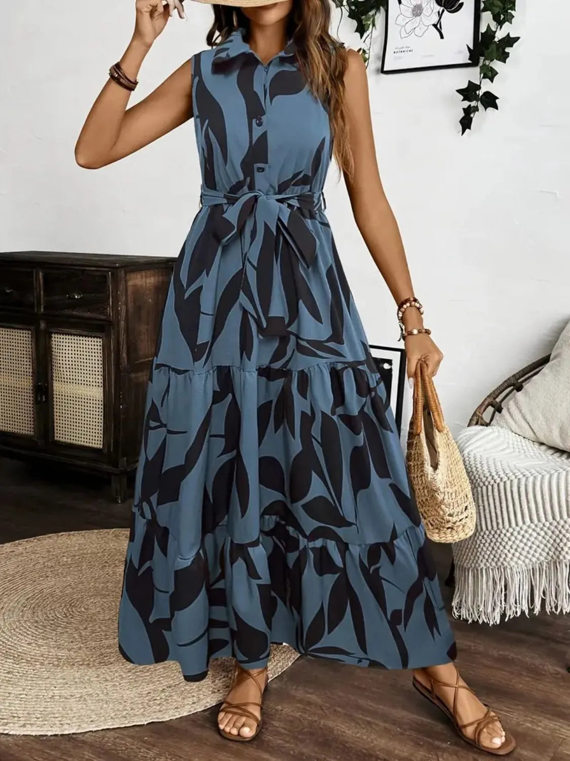 Printed Tie Waist Sleeveless Maxi Dress - kinko