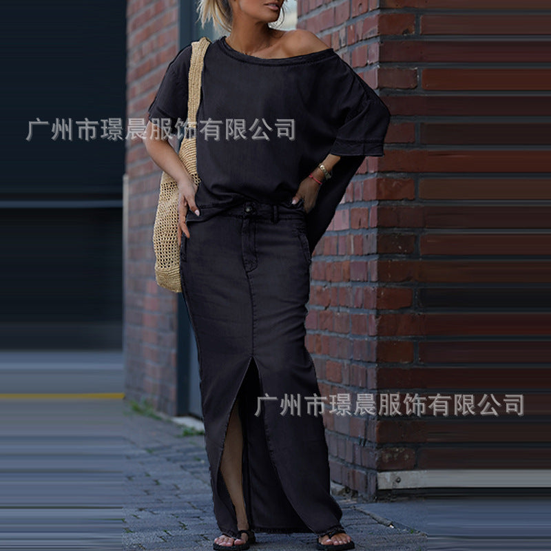 European And American Women's Fashion Tops Slit Skirt Two-piece Skirt Suit - kinko