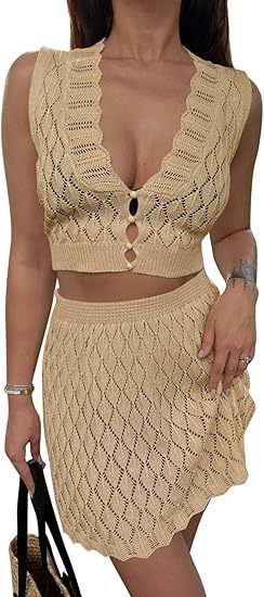 Saodimallsu Womens Two Piece Crochet Swimsuit Cover Ups Sleeveless V Neck Crop Tops Skirt Sets Beach Vacation Outfits - kinko