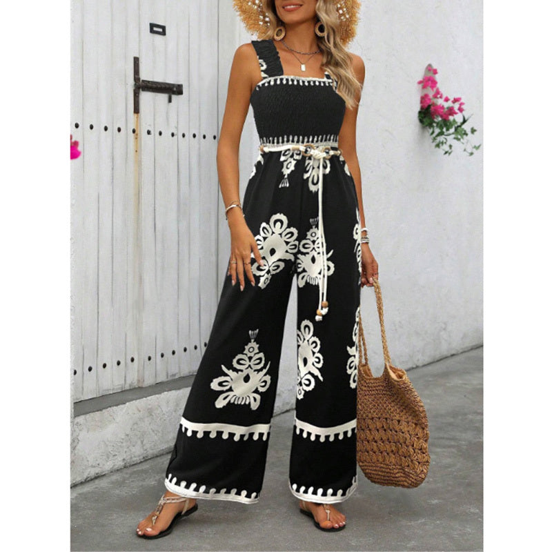 Women's Summer Boho Jumpsuits One Piece Beach Vacation Outfits Shirred Strap Wide Leg Pants Rompers With Pockets - kinko