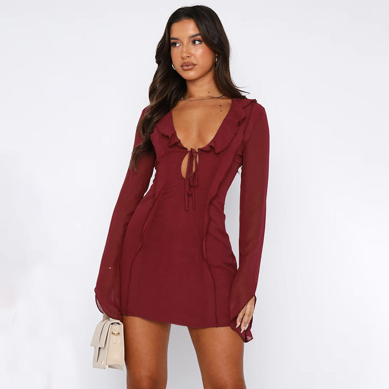 Sexy Ruffled V-neck Lace-up Long-sleeved Dress Fashion Y2K Skirt Slim Hip-covering Short Dresses For Womens Clothing - kinko