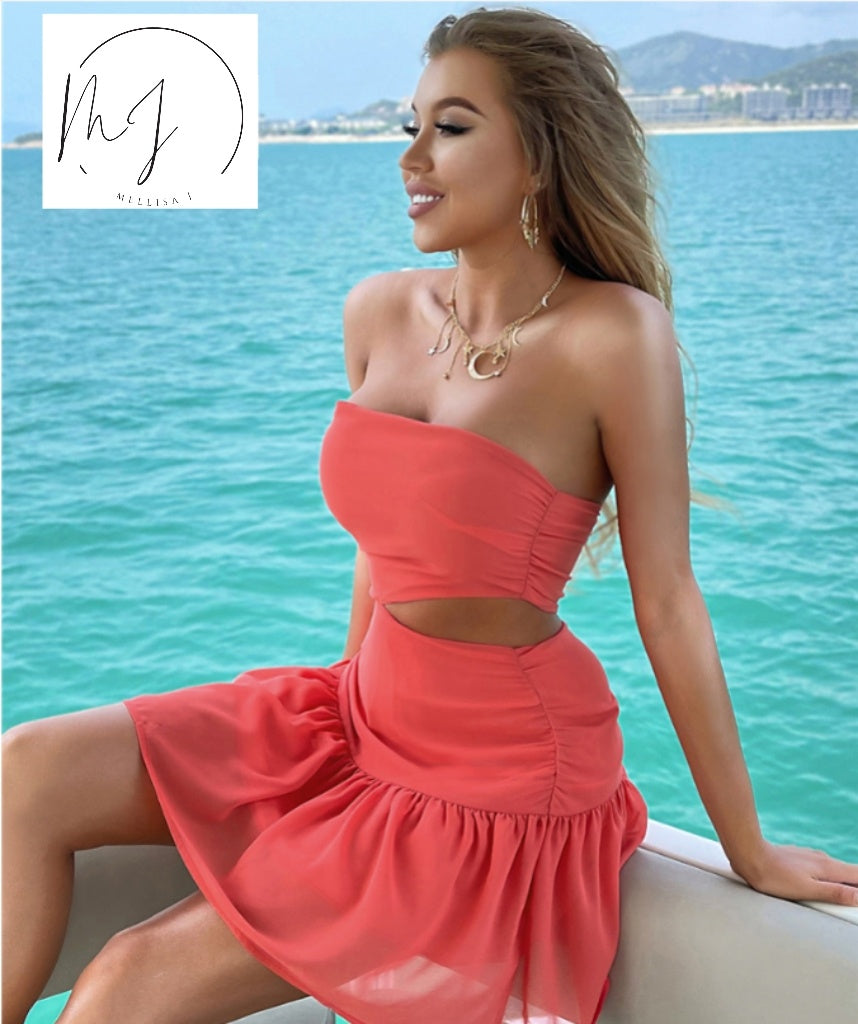 Off Shoulder Cut-Out Ruffle Dresses - kinko