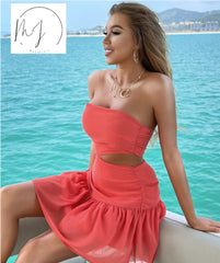 Off Shoulder Cut-Out Ruffle Dresses - kinko