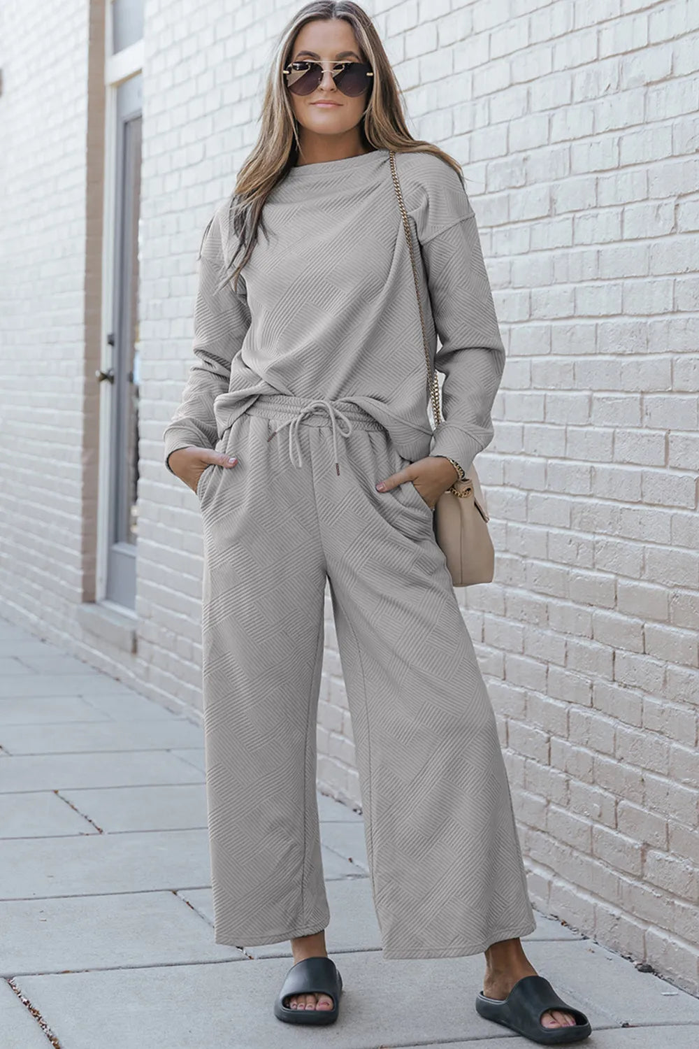 Double Take Full Size Textured Long Sleeve Top and Drawstring Pants Set - kinko