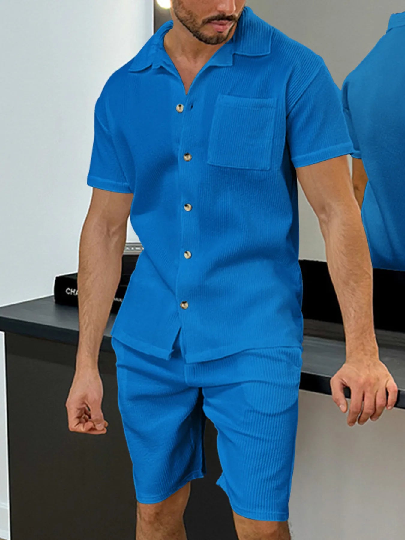 Men's Full Size Button Up Top and Shorts Set Plus Size - kinko