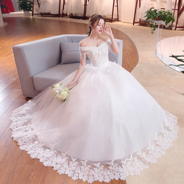 Shoulder-to-shoulder Wedding Dress Bridal Lace Plus Size Thin Shoulder Wedding Dress - kinko