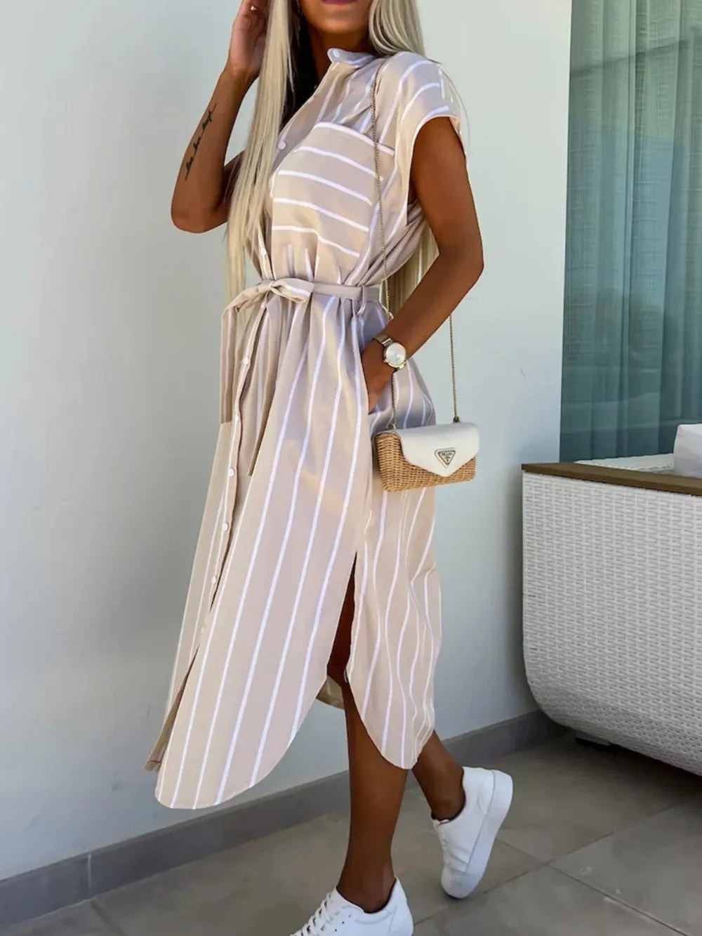 Striped Tie Waist Short Sleeve Dress - kinko