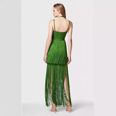 Green Halter Spaghetti Straps Tassel Dinner Ball Dress - kinko