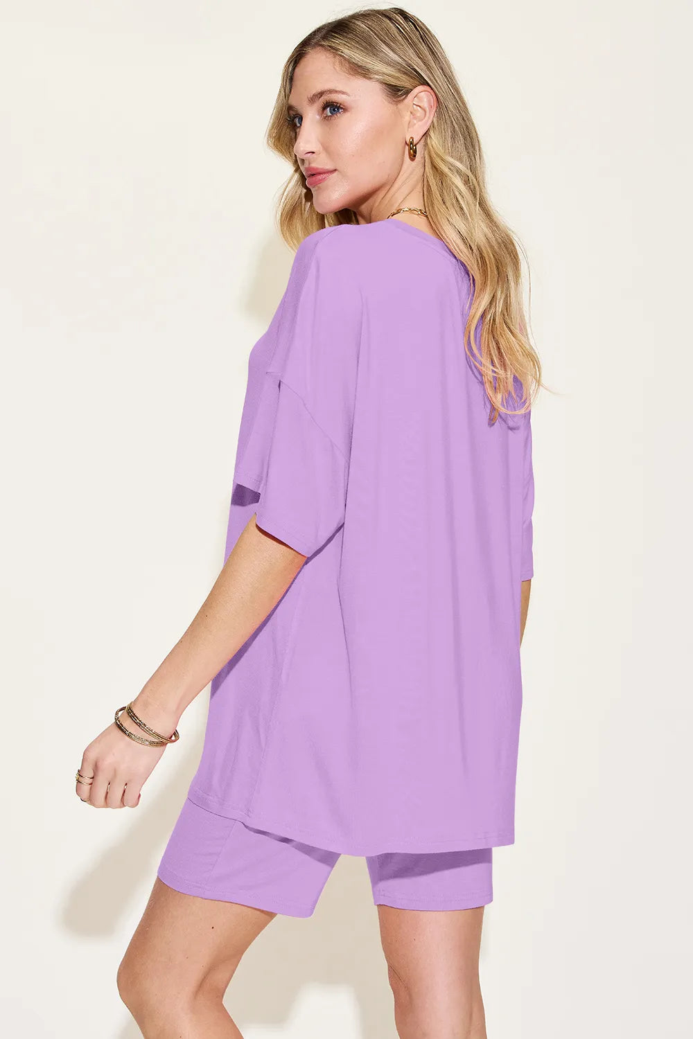 Basic Bae Bamboo Full Size V-Neck Drop Shoulder T-Shirt and Shorts Set - kinko