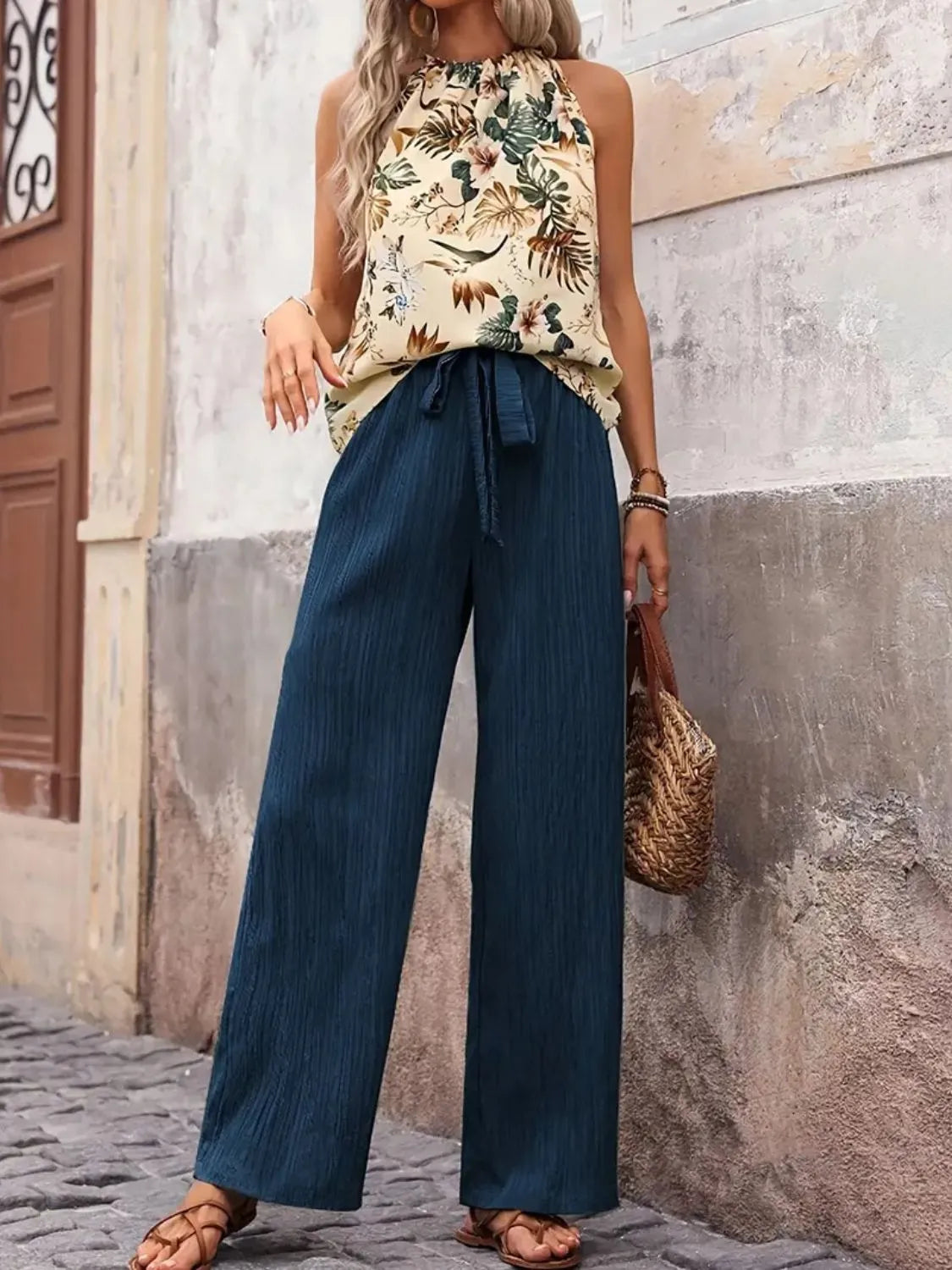 Printed Tank Top and Wide Leg Pants Set - kinko