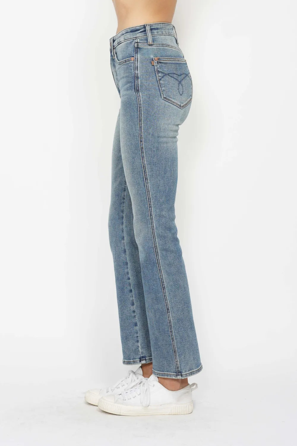 Judy Blue Full Size Tummy Control Back Embroidered Pocketed Bootcut Jeans Plus Size - kinko