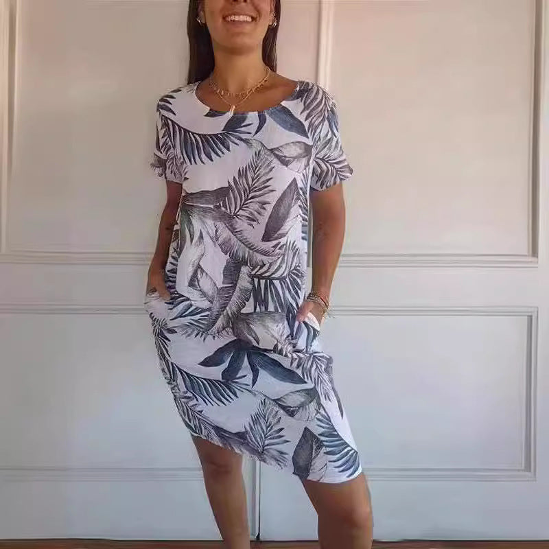 Flower And Leaf Printed Straight Dress Summer Loose Round Neck Short Sleeve Dresses Womens Clothing - kinko