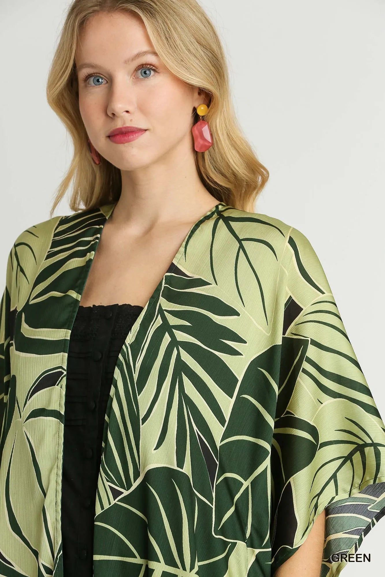 Umgee Satin Tropical Plant Print Open Front Kimono with Ruffle Details - kinko