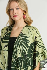 Umgee Satin Tropical Plant Print Open Front Kimono with Ruffle Details - kinko
