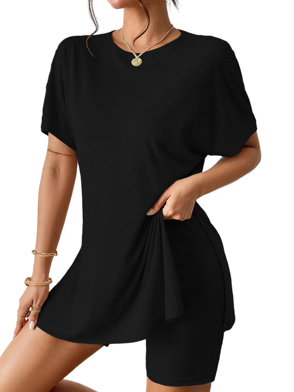 Slit Round Neck Short Sleeve Oversized Top and Shorts Set - kinko