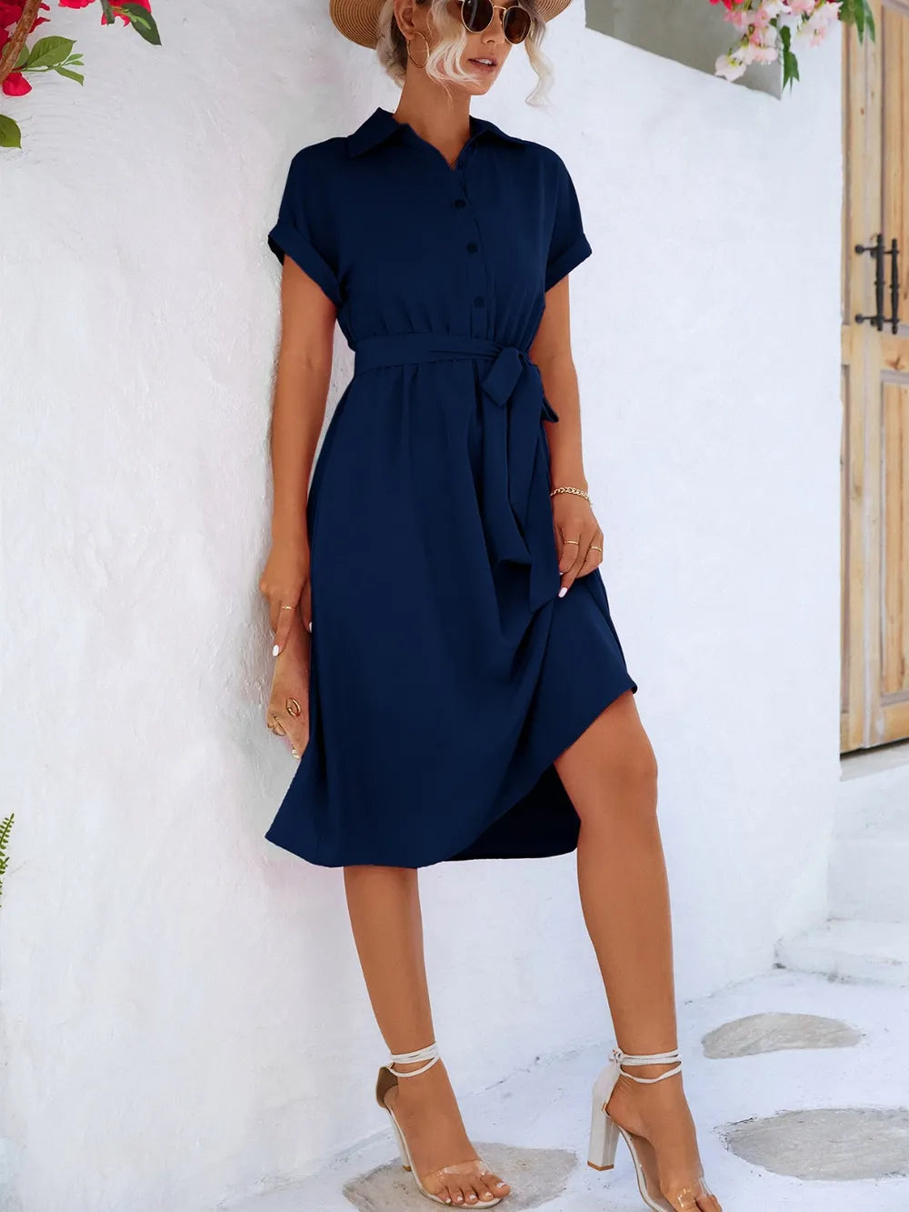 Buttoned Tie Waist Short Sleeve Dress - kinko