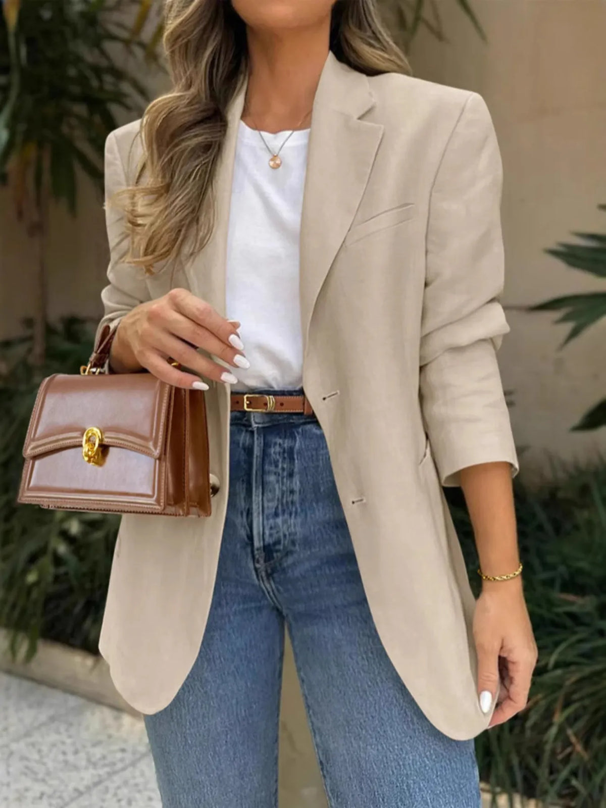 Pocketed Lapel Collar Long Sleeve Blazer - kinko