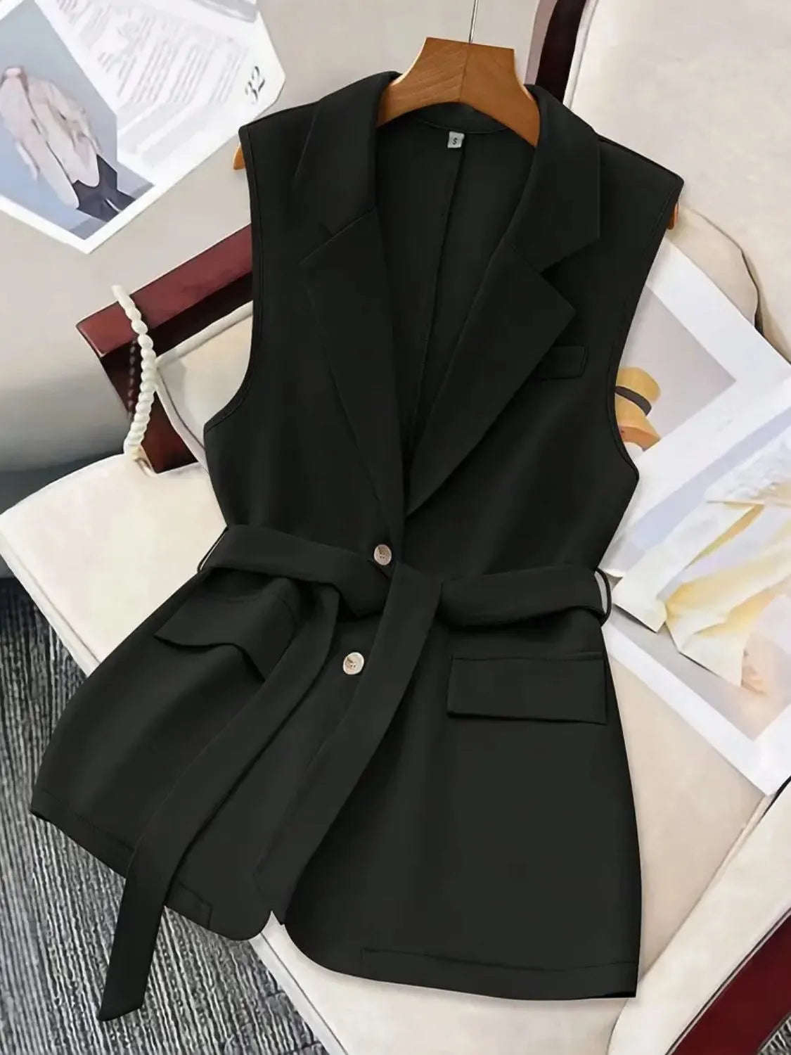 Tie Waist Lapel Collar Sleeveless Blazer - kinko
