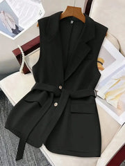 Tie Waist Lapel Collar Sleeveless Blazer - kinko