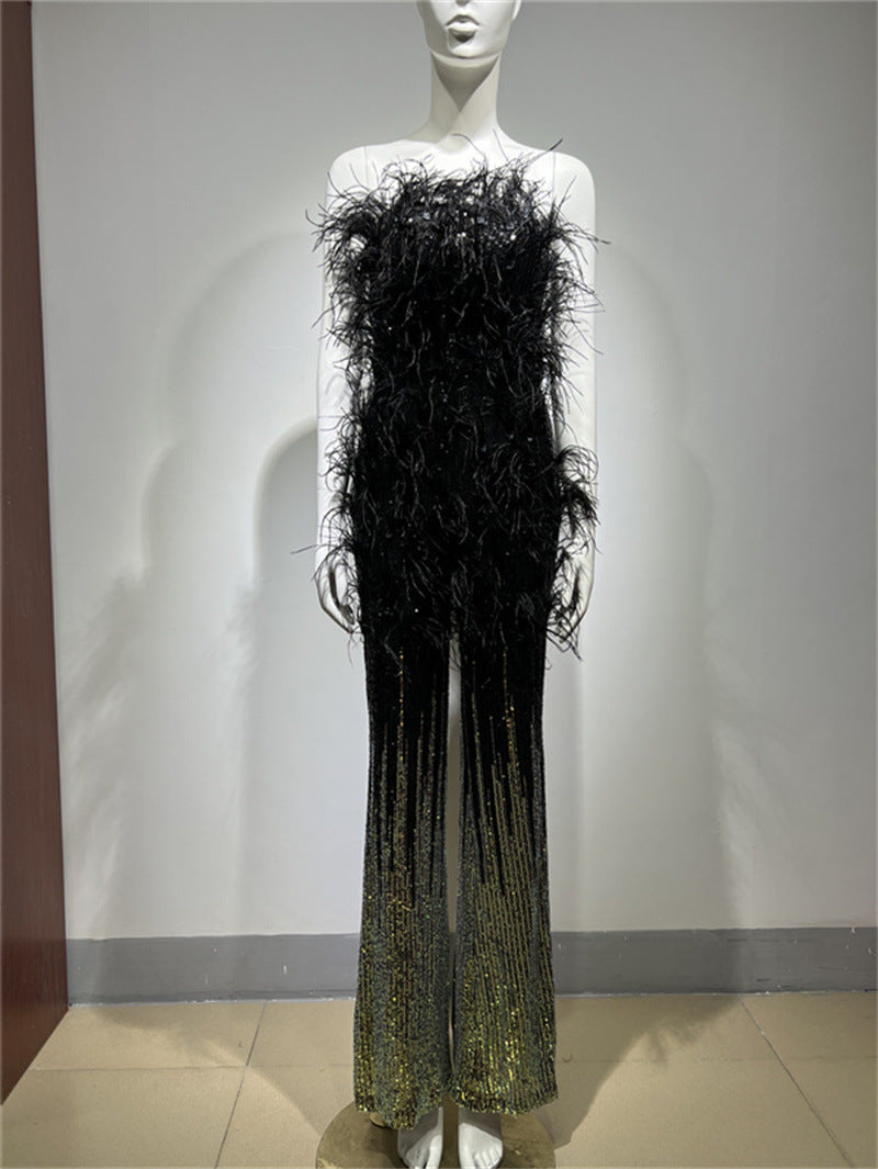 Ostrich Feather Gradient Sequin Tube Top Jumpsuit - kinko