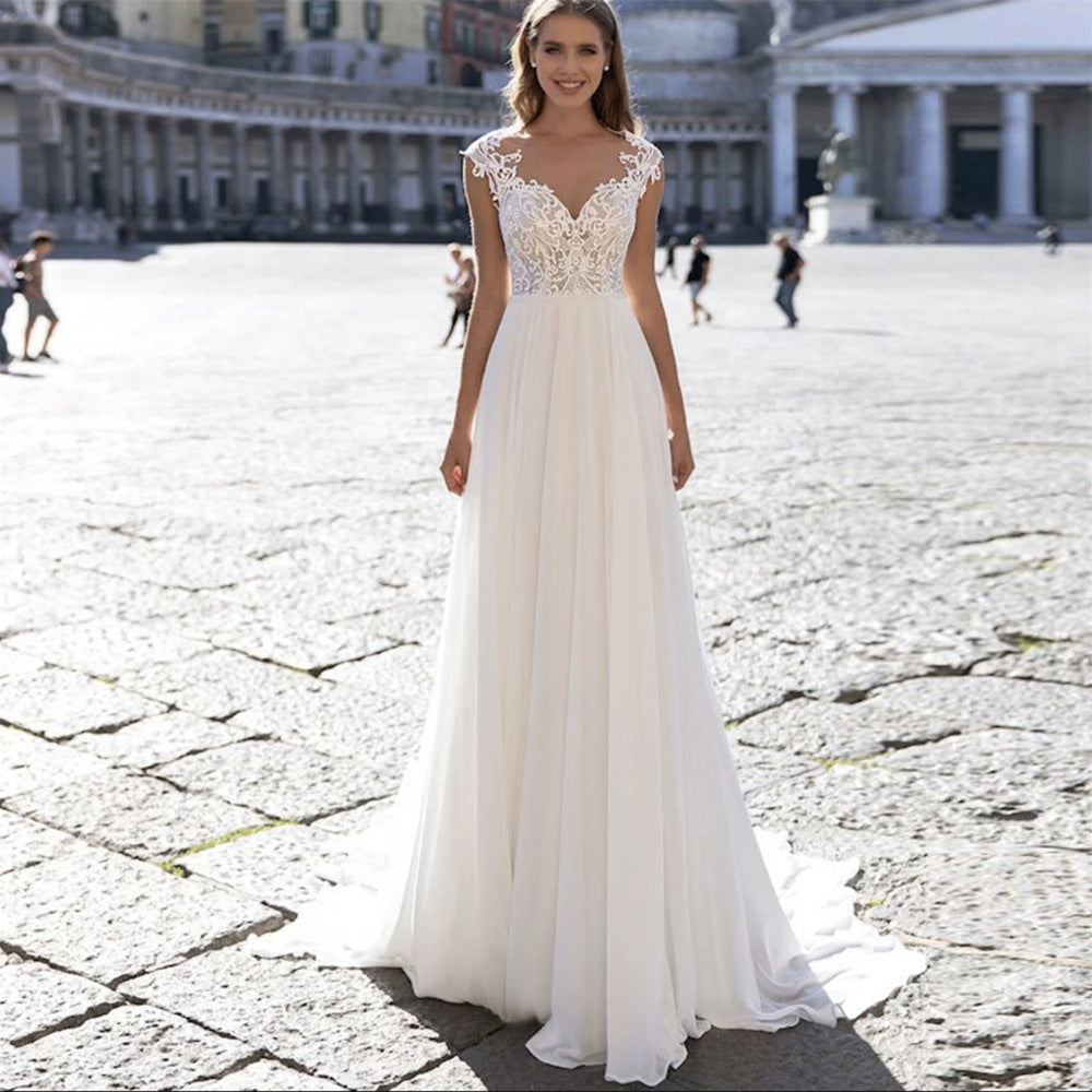 A Series Chiffon Wedding Dress V-neck Long Sleeve - kinko