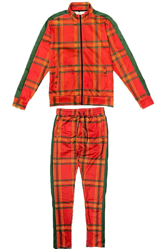 WEIV Men's Full Size Plaid Checkered Zip Up Track Jacket and Pants Set Plus Size - kinko