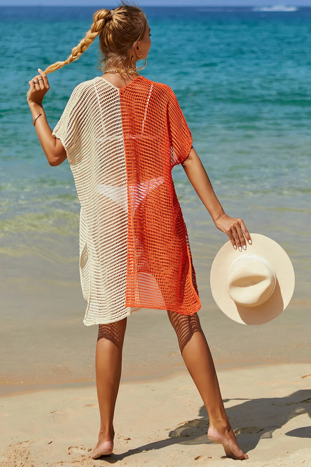 Angel Wings Openwork Contrast Slit Knit Cover Up - kinko