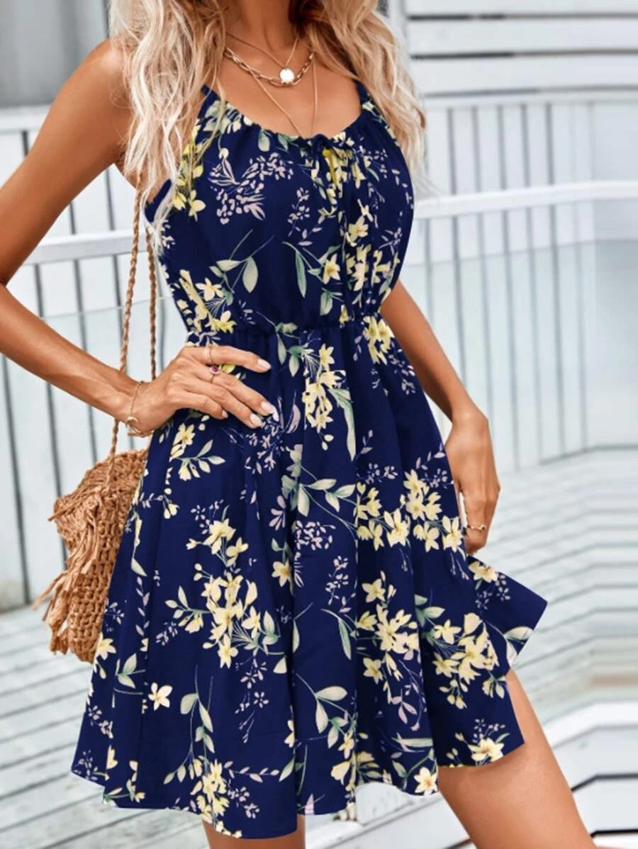 Floral Print Suspender Dress With Elastic Waist Design Fashion Summer Short Dresses Womens Clothing - kinko