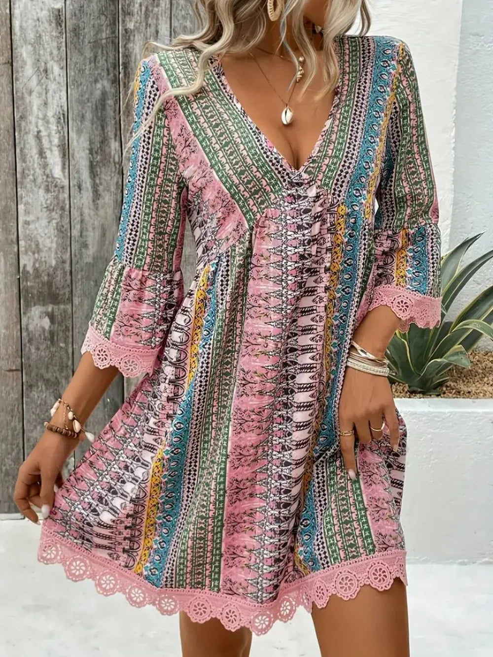 Lace Trim Printed V-Neck 3/4 Sleeve Dress - kinko