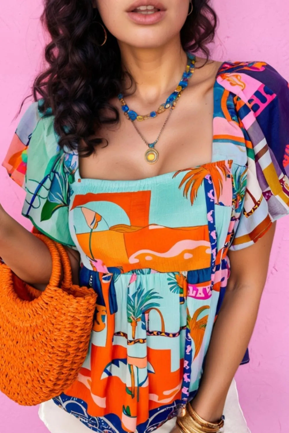 Printed Square Neck Ruffled Short Sleeve Blouse - kinko