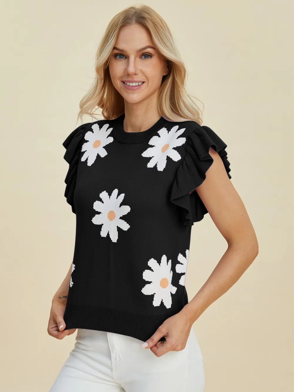 Double Take Full Size Ruffled Flower Round Neck Cap Sleeve Sweater - kinko
