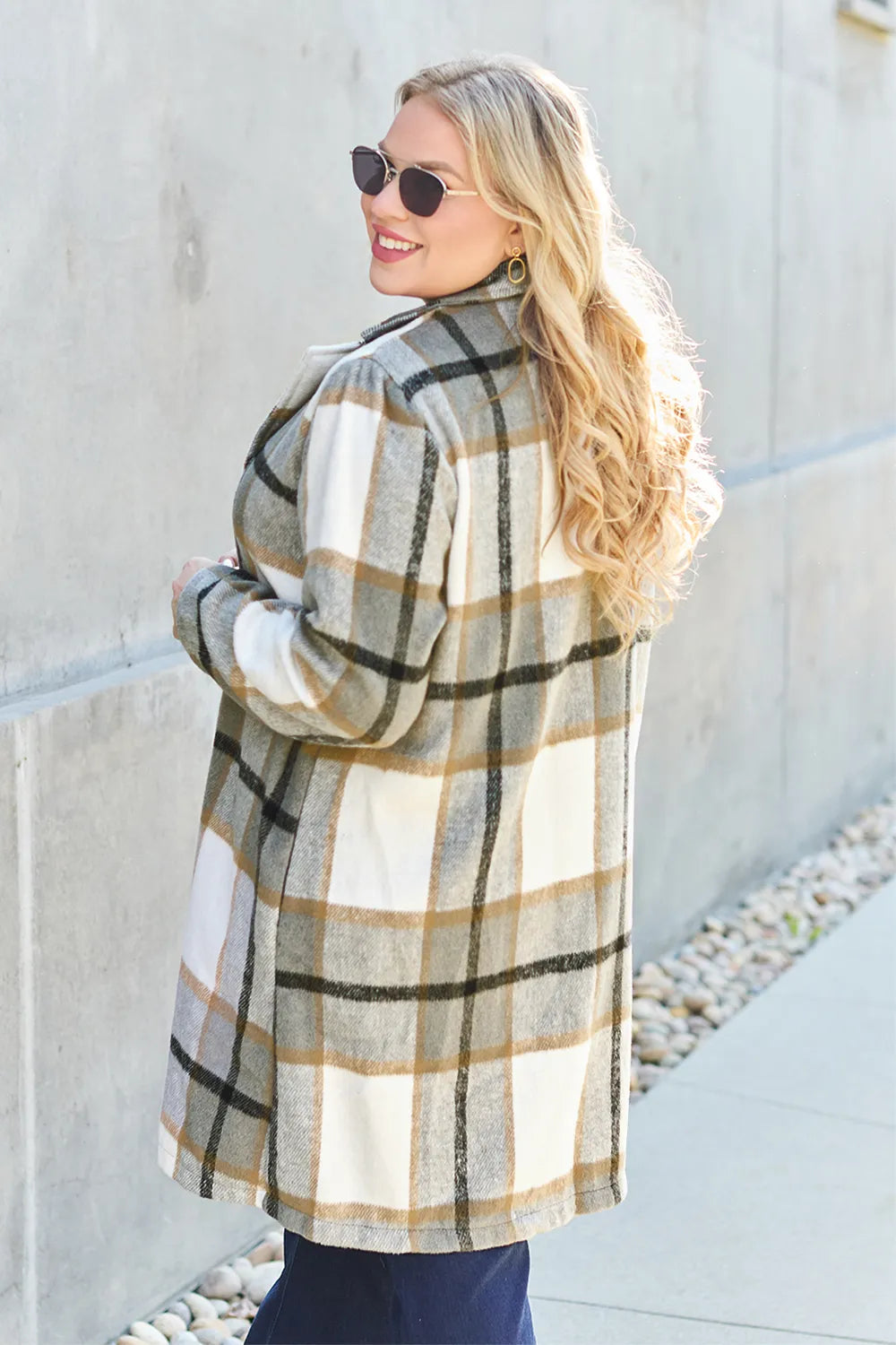 Double Take Full Size Plaid Button Up Lapel Collar Coat - kinko