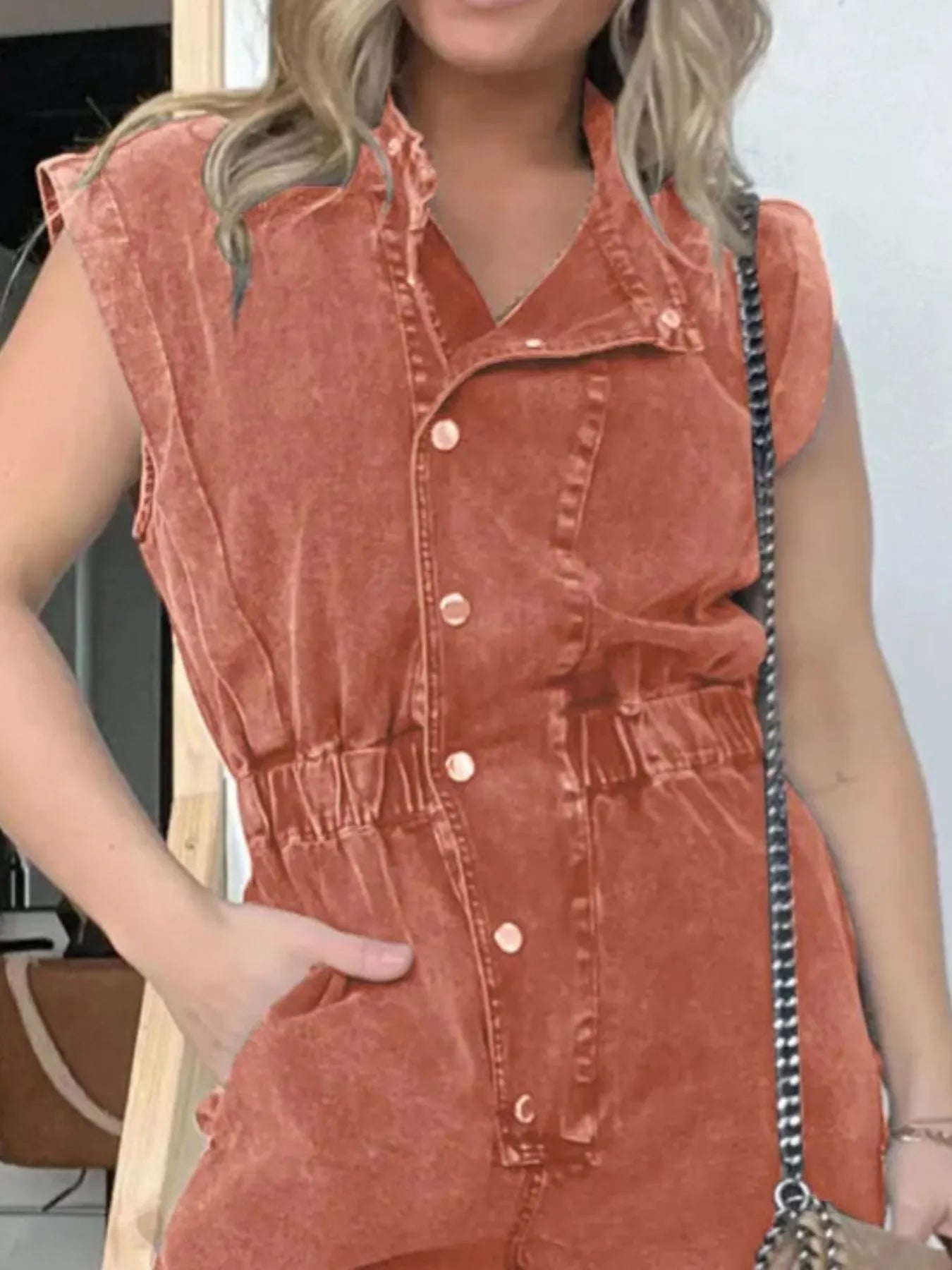 Full Size Button Front Cap Sleeve Denim Jumpsuit Plus Size - kinko