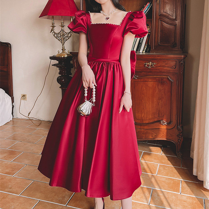 Winter Wine Red Engagement Daily French Princess On The Run Satin Dress - kinko