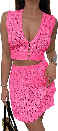 Saodimallsu Womens Two Piece Crochet Swimsuit Cover Ups Sleeveless V Neck Crop Tops Skirt Sets Beach Vacation Outfits - kinko