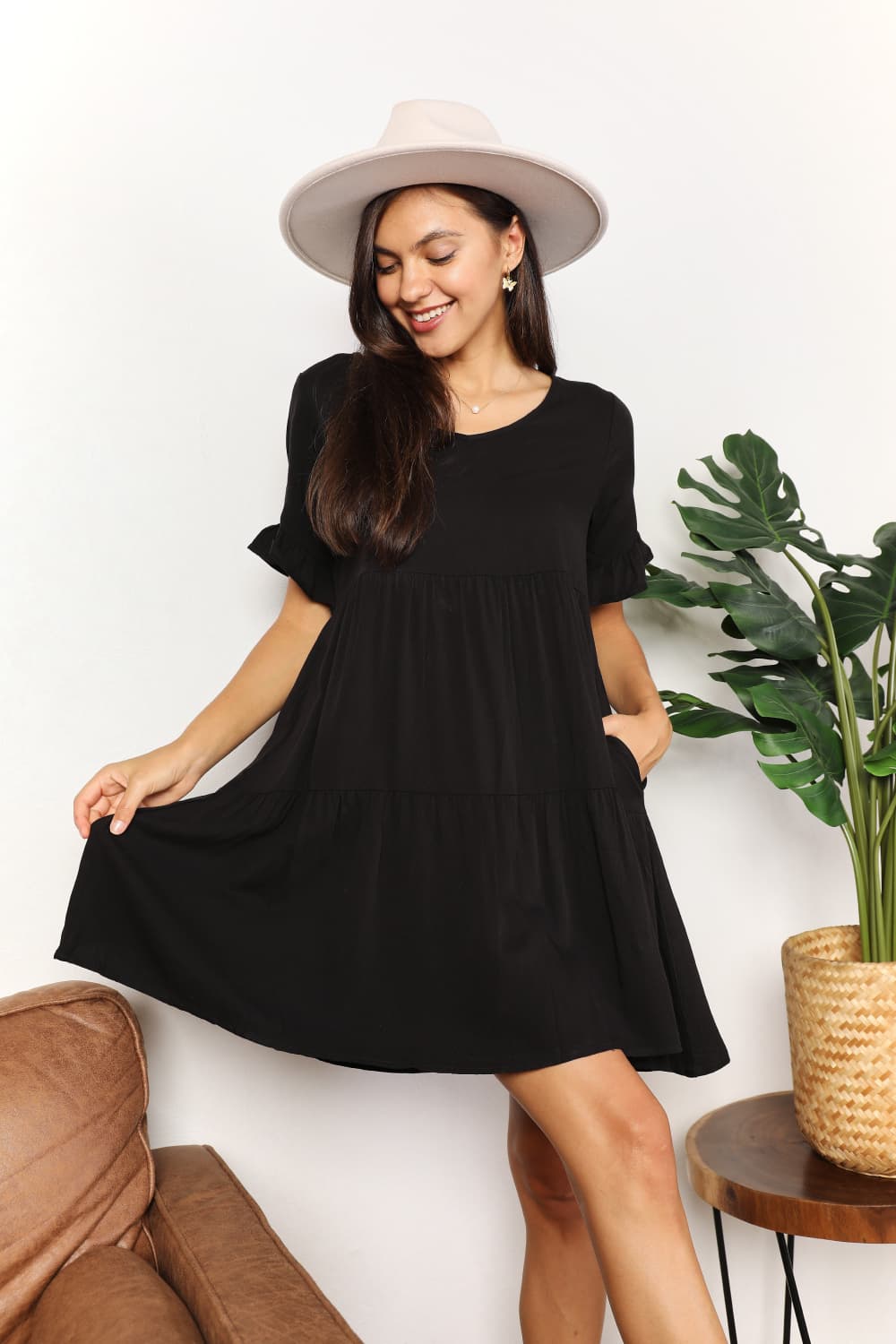 Mandy V-Neck Flounce Sleeve Tiered Dress - kinko