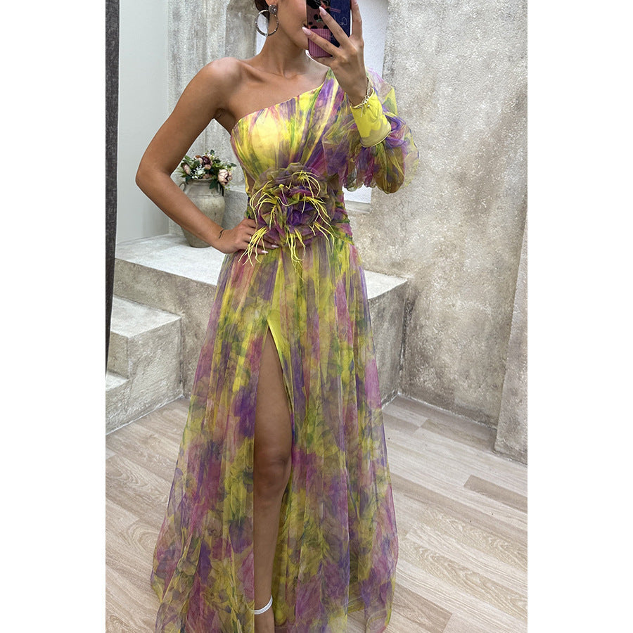 New Party Mesh Slanted Shoulder Dress INS Casual And Fashionable Women's Long Skirt - kinko